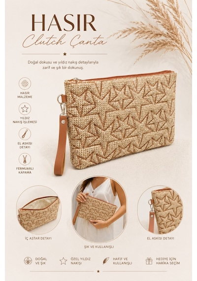 Adelina Bags Hasır Yıldız Nakış İşlemeli Portföy El Çantası Bilek Askılı Hasır Clutch Çanta