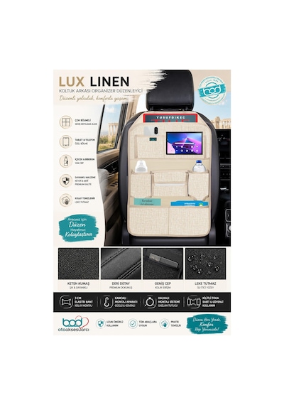 Bod Lux Linen Serisi Keten Koltuk Arkası Düzenleyici Araç İçi Organizer Bej