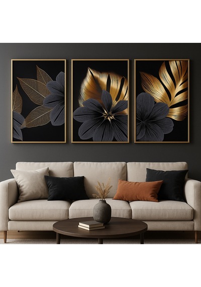 Altın Yapraklar - Gerçek Cama Baskı Gold Alüminyum Metal Çerçeveli 3'lü Modern Tablo