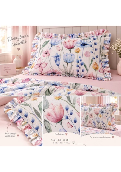 Sallhome Çiçek Bahçesi Desenli Fırfırlı Tek Kişilik Pike Takımı Açık Pembe