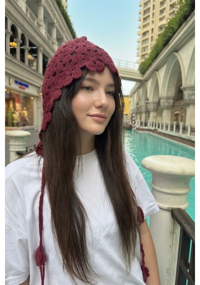 Mollycrush Yazlık Örgü Saç Bandı Bordo Çiçek Motifli Model Yazlık Şık Hair Band Bordo