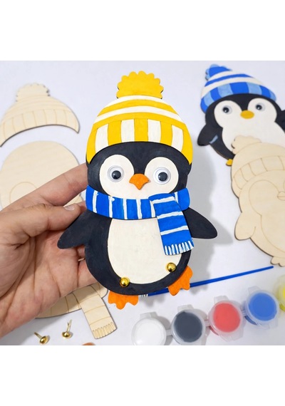 Sevimli Penguenler Ahşap Boyama Etkinlik Seti Eğitici Çocuk Aktivite Fırça Akrilik Boya Kreş Okul