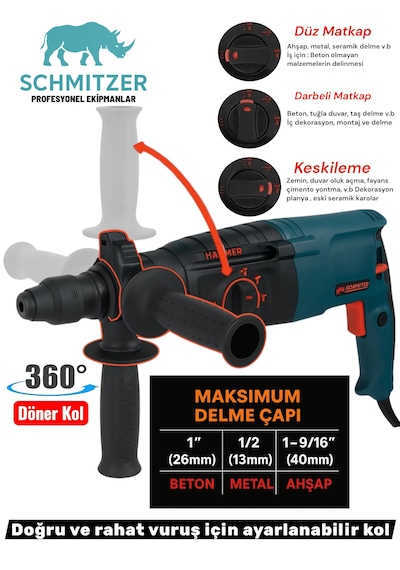 Schmıtzer 3'lü Set Sch-2603tu Pro 850 W Sds Plus Metal Şanzuman Profesyonel Darbeli Matkap Kırıcı Delici 26mm Hilti