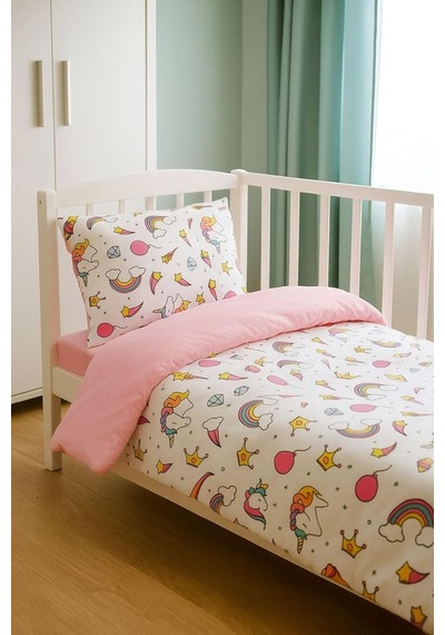 Bebek Özel Pamuklu Bebek Çocuk Nevresim Takımı 70x120 Cm, Unicorn Pembe Çok Renkli