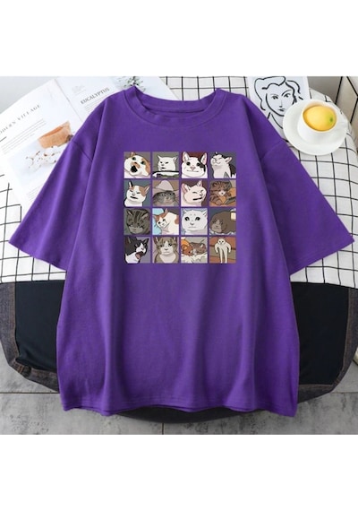 Flood Of Style Erkek Mor Cat Baskılı Oversize Bisiklet Yaka Tshirt