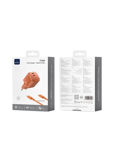 Wiwu Wi-g025 Cube Serisi 47w Type-c To Type-c Gan Tech Hızlı Şarj Özellik Kablolu Şarj Seti Turuncu