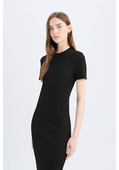 DeFacto Bodycon Vücudu Saran Bisiklet Yaka Basic Düz Fitilli Kaşkorse Kısa Kollu Midi Elbise E6926AX25SPBK81