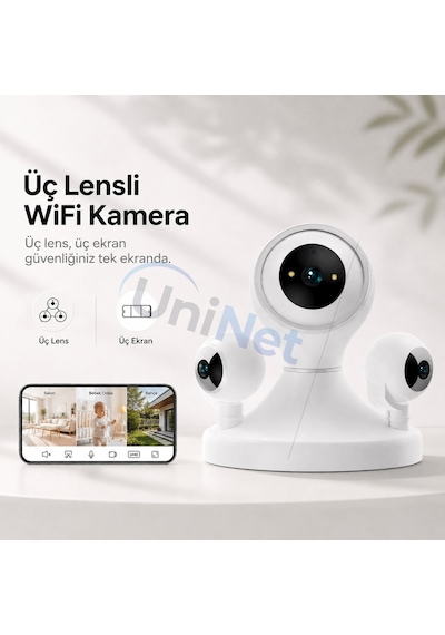 Uninet Üç Kameralı Wifi Iç Mekân Güvenlik Kamerası Üçlü Görüntü, Uzaktan Izleme Ve Gece Görüşü 355 Derece Ptz Kamera