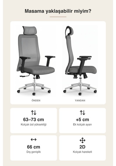 Upstyle Yamaç Başlıklı Ergonomik Çalışma Ve Yönetici Koltuğu Gri 66 125 65 Cm