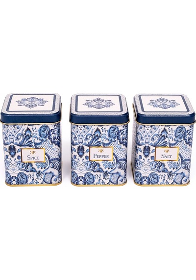 Azulejos Desenli Kare Metal Saklama Kabı 3 Lü Set, 7.5 X 7.5 Cm Çok Renkli