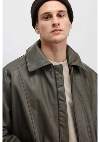 Vamos Oversize Deri Bomber Ceket Haki