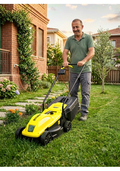 Steiner 1200w Elektrikli Bakır Sargılı Tekerlekli Çim Biçme Makinesi Sarı 30 Litre Toplama Torbalı