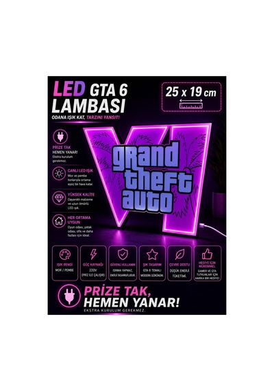 Gta 6 Led Lamba Dekoratif Oda Lambası Gaming Oyuncu Odası Masaüstü Dekorasyon Işığı