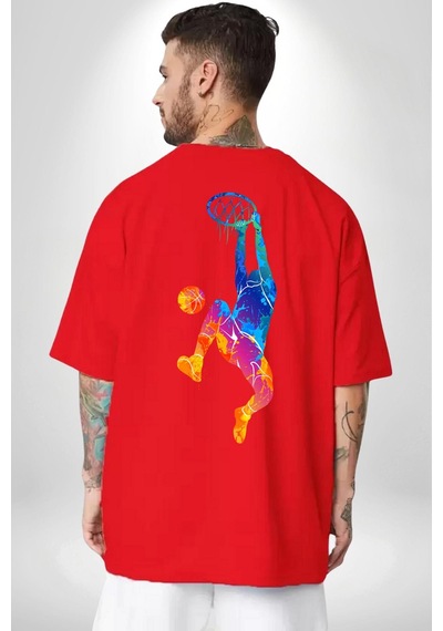 Smaç Basketbol Renkli Kırmızı Oversize Unisex Ön Ve Sırt Baskılı Tişört Kırmızı