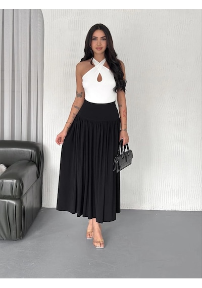 Wear Vexel Sandy Uzun Beli Lastikli Yüksel Bel Etek Yazlık - Siyah Çok Renkli