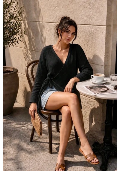 Bbbutikbasic Bağlamalı Müslin Kimono Ceket My3535 Siyah
