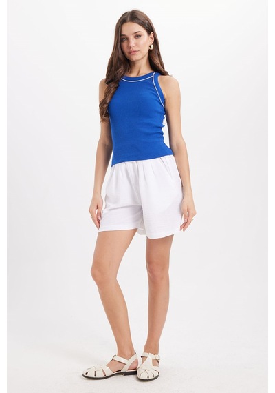 Tudors Kadın Slim Fit Dar Kesim Pamuklu Askılı Bisiklet Yaka Biyeli Saks Mavi Crop Atlet-50982