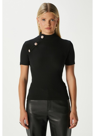 Ritnice Kadın Shine Gold Düğmeli Yarım Boğazlı Kısa Kol Siyah Fitilli Pamuk Bluz Siyah