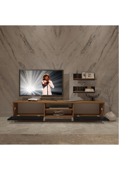 Decoraktiv Eko 4 Mdf Dvd Krom Ayaklı Tv Ünitesi Tv Sehpası Ceviz - Siyah