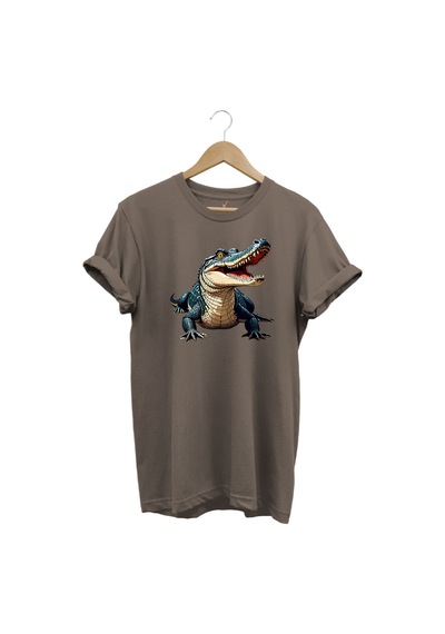 Timsah Baskılı %100 Pamuk Regular Fit T-shirt Kahverengi