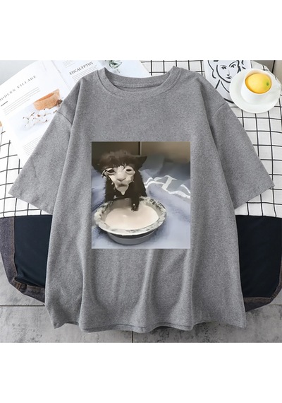 Flood Of Style Süt Yüz Kedi Meme Baskı T Shirt Garip Mizah Komik Kedi Grafik T-shirt Erkek Kadın Hip Hop Pam Gri