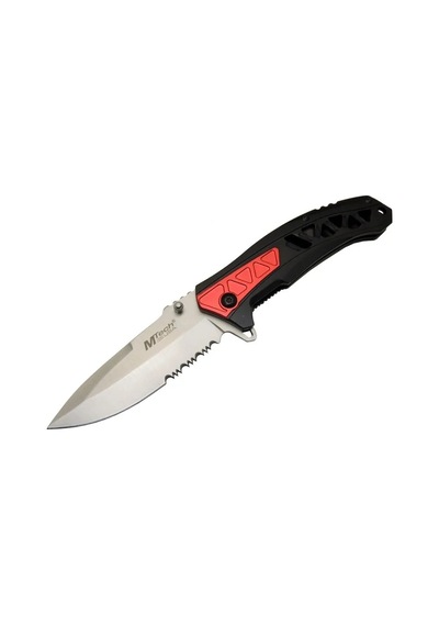Mtech 4192 Kırmızı Kamp Çakı 21cm - Yarı Otomatik, Kemerlikli, Testere Detaylı, Desenli Sap
