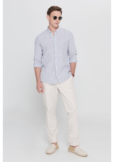 AC&Co / Altınyıldız Classics Erkek Beyaz Hakı Slim Fit Dar Kesim Düğmeli Yaka Çizgili Keten Gömlek Beyaz Hakı