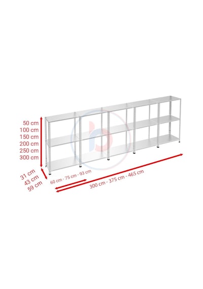 Raf Burada  3 Katlı 5'li Galvaniz Çelik Raf - Depo, Arşiv, Kiler, Dosya, Market Rafı-43x75 cm-150 cm-1.00 mm