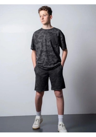 Erkek Çocuk Palmiye Desenli T-shirt Şortlu Takım-15796 Siyah