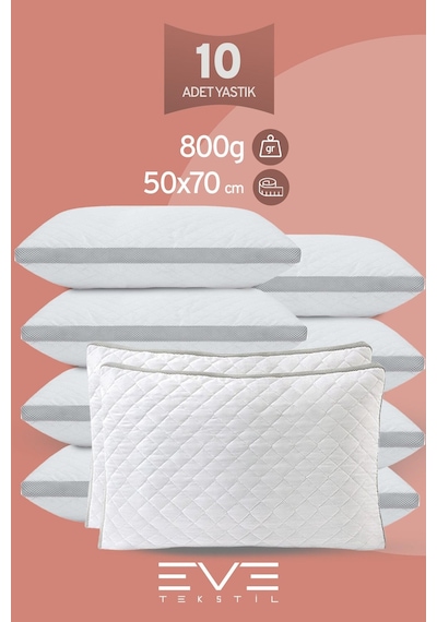 Eve Tekstil 10 Adet Klimax Serisi Kılıflı Fermuarlı Klimali Antialerjik Silikon Elyaf Yastık 50x70cm 900 Gr Beyaz