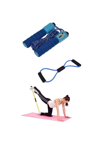 2'li Set Antrenman Sayaçlı Sünger Saplı Atlama Ipi Pilates Egzersiz Direnç Lastiği