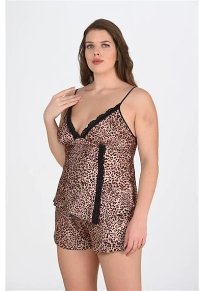 Ang Butik Kadın Premium Büyük Beden Leopar Desenli Dantel İşlemeli Saten Şortlu Gecelik Takımı