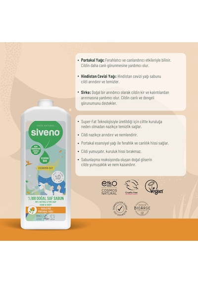 Siveno %100 Doğal Sıvı Kastil Sabun Portakal Yağlı Tazeleyici Nemlendirici Bitkisel Vegan 1 L
