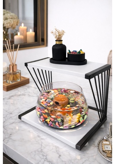 Reyo Ok-ay Store Exclusive Işıklı Beta Akvaryum Ve Fanus Modern Tasarım Led Aydınlatmalı Modern Temalı Fanus Siyah-beyaz