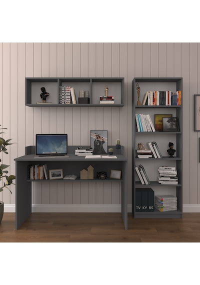 Asra Trend Çalışma Masası Seti ÇMT001 %100 MDF Kitaplıklı Raflı Ofis Takımı Antrasit