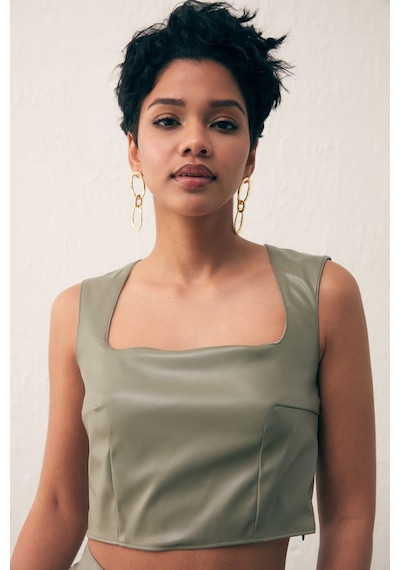 Sateen Kare Yaka Deri Crop Bluz - Çağla Yeşili Sateen Kare Yaka Deri Crop Bluz - Çağla Yeşili