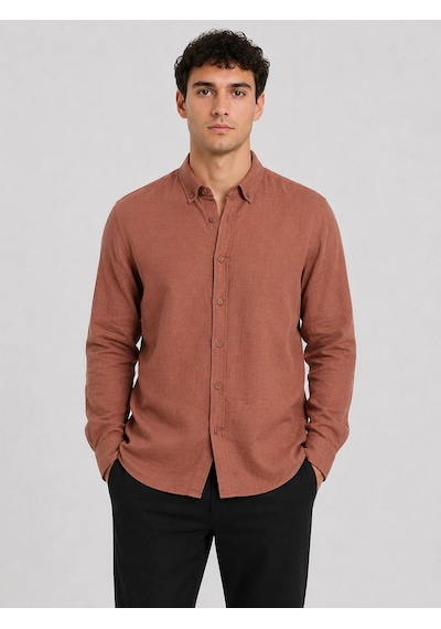 Classics Men Plus Barkod Uzun Kol Slim Fit Erkek Keten Gömlek - 7683 Kiremit