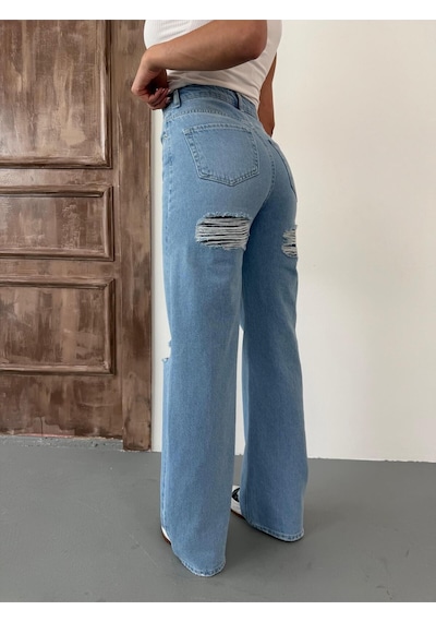 Kadın Wide-leg Fit Ön Ve Arka Lazerli Pençli Yüksek Bel Geniş Paça Kot Pantolon Açık Mavi Mavi