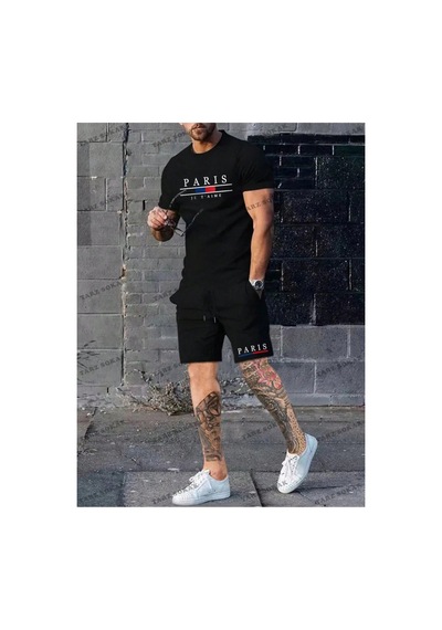 Homme Erkek Mektup Grafikli Tişört Ve İpli Bel Şort Takım Siyah
