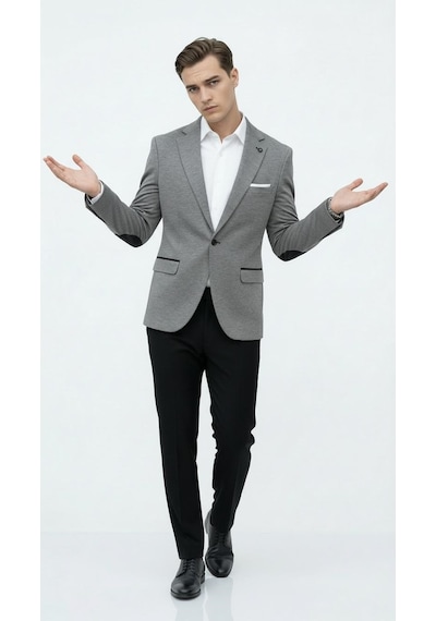 Erkek Siyah Slim Fit Blazer Ceket Tek Düğme Çift Yırtmaç Kollu Yamalı Siyah