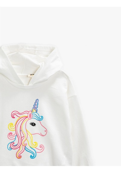 Koton Pamuklu Unicorn Baskılı Kapüşonlu Uzun Kollu Sweatshirt Kırık Beyaz 1ykg17537ak Ekru