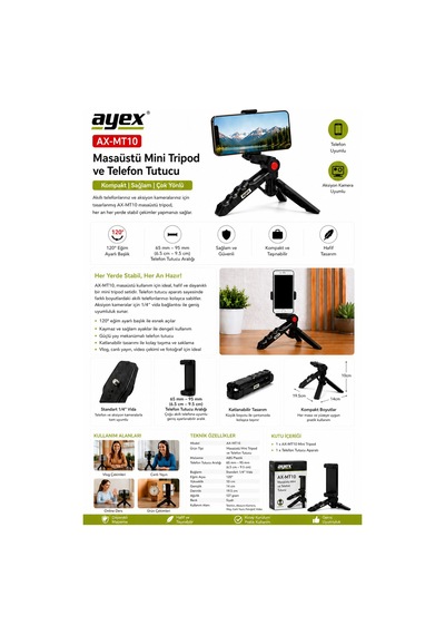 Ayex Ax-mt10 Masaüstü Mini Tripod + Telefon Tutucu, 1/4 Vida Uyumlu, 120 Eğim Ayarlı, Katlanabilir Kompakt Tasarım