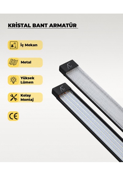 100w Siyah Kristal Led Bant Armatür 6500k Beyaz Işık 120 Cm Metal Gövdeli