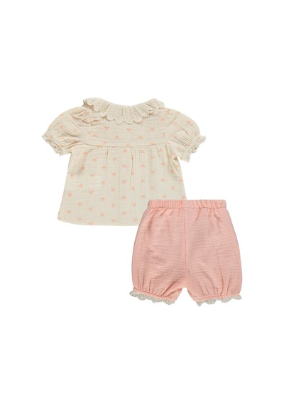 Civil Baby Yaka Dantelli Kalp Baskılı 6-18 Ay Takım - Bej Krem