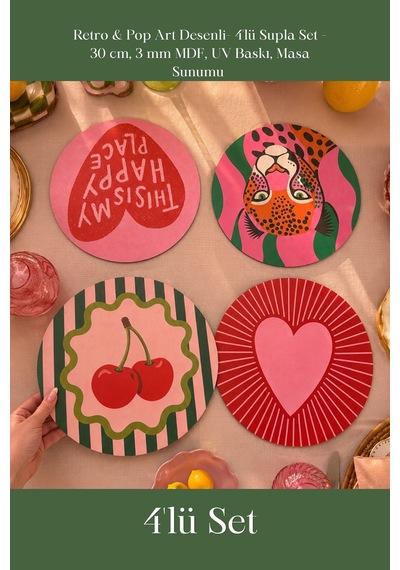 Retro & Pop Art Desenli- 4'lü Supla Set - 30 Cm, 3 Mm Mdf, Uv Baskı, Masa Sunumu Çok Renkli