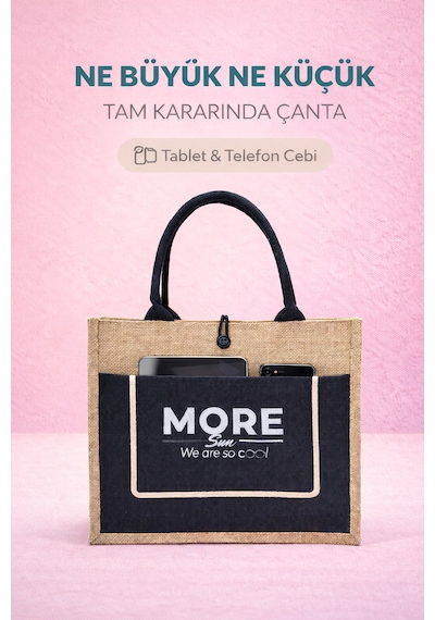 Moresun Organik Jüt Keten Kadın Çanta Orta Boy Tote El Ve Omuz Çantası -tablet & Telefon Cepli, Günlük Plaj Alışveriş Çantası 35x30x14 Cm Bej - Siyah