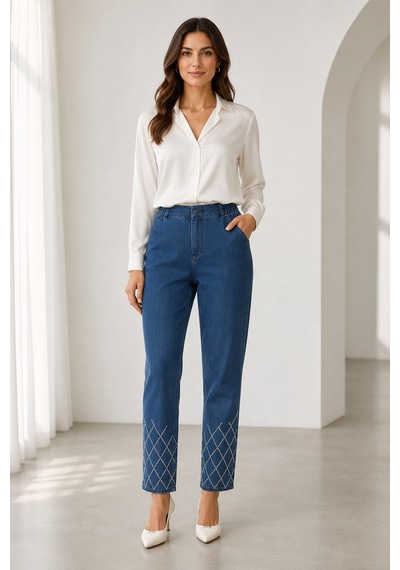 Bihan Store Kadın Paçası Işıltılı Nakış Detaylı Yüksek Bel Denim Pantolon Y26-1505-mavi