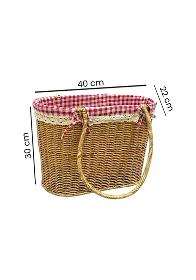 Woof Home Hasır Plaj Ve Piknik Çantası - Kırmızı Pötikare Astarlı, Dantel Detaylı-561 Bej