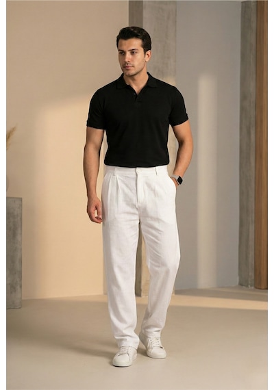 Bürke Çift Pileli Beyaz Beli Yarım Lastikli Kaliteli Keten Görünümlü Baggy Pantolon Bürke Çift Pileli Beyaz Beli Yarım Lastikli Kaliteli Keten Görünümlü Baggy Pantolon