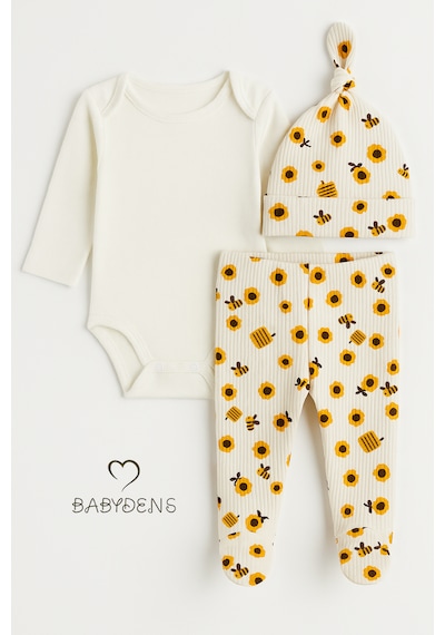 Babyden's Babydens Yenidoğan Bebek Hastane Çıkışı Seti 3'lü Pamuklu Zıbın Takımı Patikli Alt, Şapka, Arı Desenli Unisex Bebek Takımı Ekru